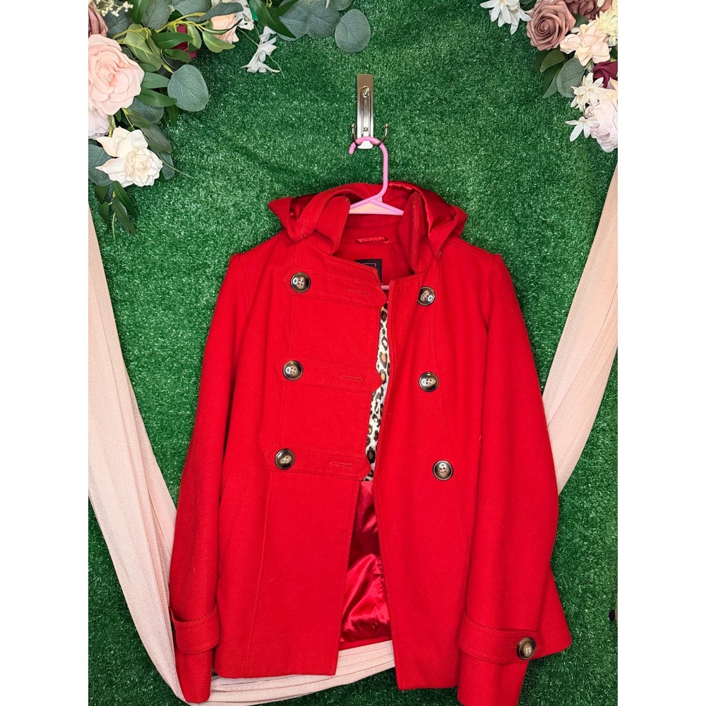 Small Material Girl Red Hooded Military Peacoat Leopard Lining